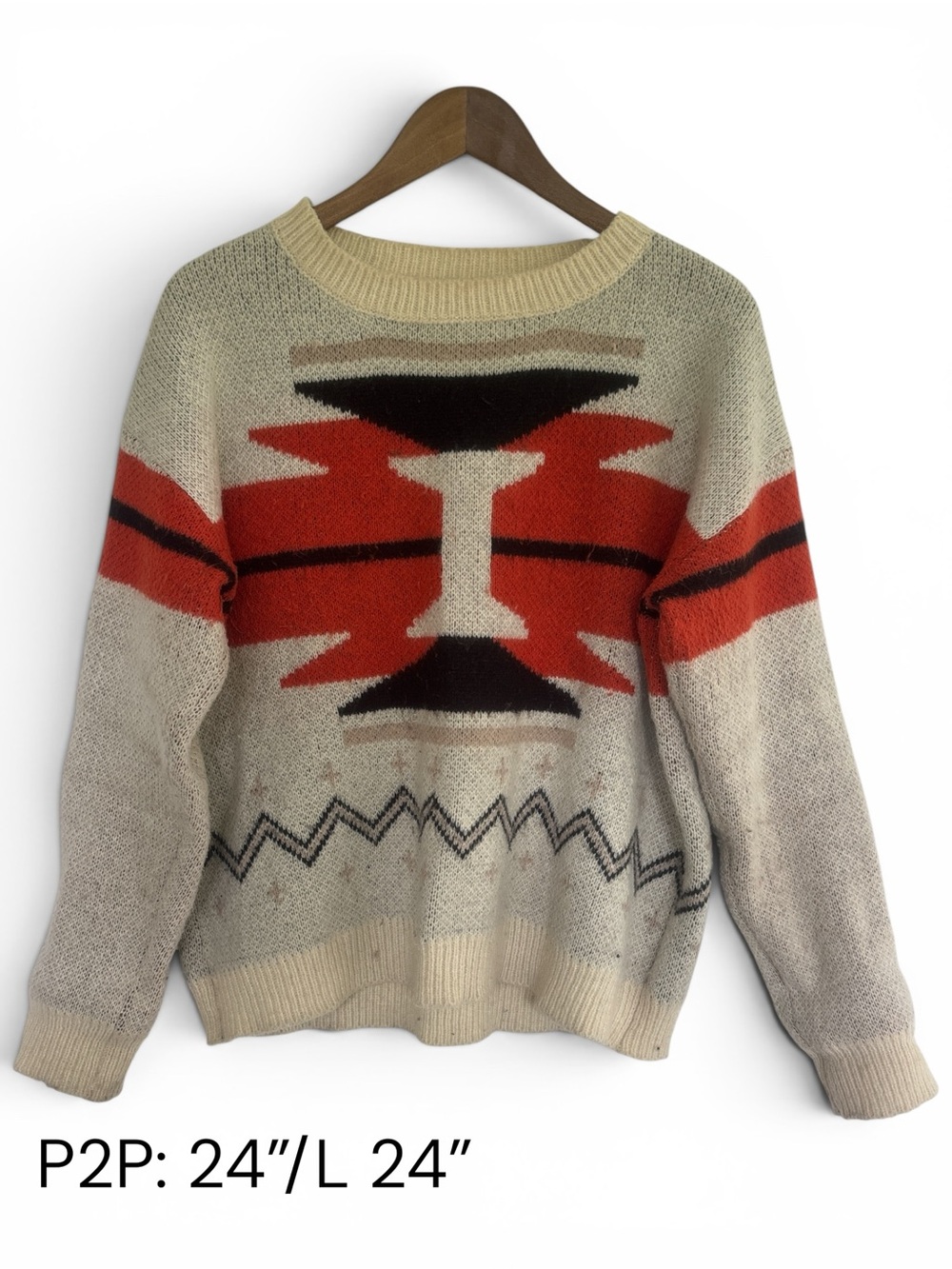 Cozy Ivory Sweater with Burnt Orange Aztec Motif